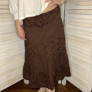Copper Key Chocolate Brown Floral Tiered Low Rise Midi Skirt Cottagecore Sz L